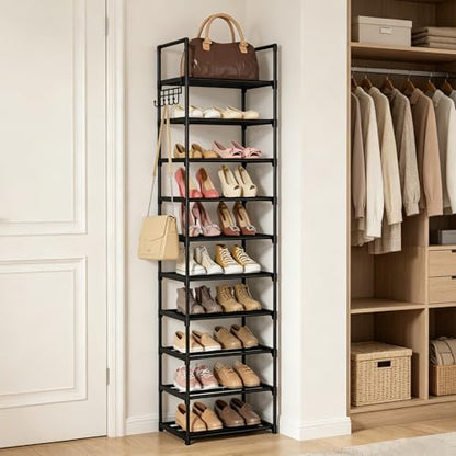 Narrow Shoe Rack 10 Tiers Tall Shoe Rack for Entryway Closet 20 24 Pairs Shoe & Boots Organizer Storage Shelf Durable Black Metal Stackable Shoe Cabinet with Hooks, 17.1D x 11.8W x 78.7H in - color: Black