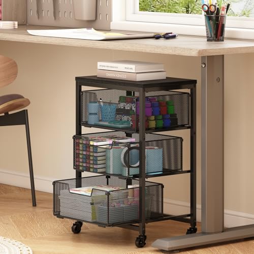 Under Desk Storage Cart with Lockable Wheels, 3-Drawer Rolling Storage Cart, Metal Utility Cart with Drawers for Art Cart, Craft Cart, Classroom, Office, Kitchen, Bedroom - color: Black, size: 3 Drawers