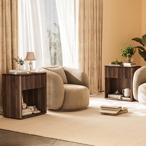Modern Fluted Nightstand Set of 2 for Bedroom, Mid Century Bedside Table with Drawer & Open Shelf, Wood End Table, Farmhouse Night Stand for Home, Hallway, Office, Walnut - color: Walnut