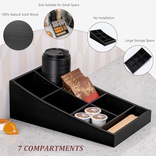 ANBOXIT Coffee Station Organizer for Countertop, Condiment Storage Caddy, Coffee Bar Supplies Organizer for Home, Office and Breakroom - Wooden, Black, 7 Compartment - size: Long & Narrow (7 Compartment)