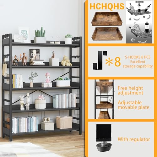 HCHQHS 5 Tier Bookshelf, Adjustable Industrial Bookcase, Vertical Tall Book Shelf, Wood and Black Metal Open Bookshelves for Home Office, Living Room, Bedroom - color: Black, size: 5-Tier (47"W x 57"H)