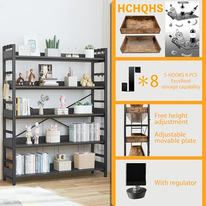 HCHQHS 5 Tier Bookshelf, Adjustable Industrial Bookcase, Vertical Tall Book Shelf, Wood and Black Metal Open Bookshelves for Home Office, Living Room, Bedroom - color: Black, size: 5-Tier (47"W x 57"H)