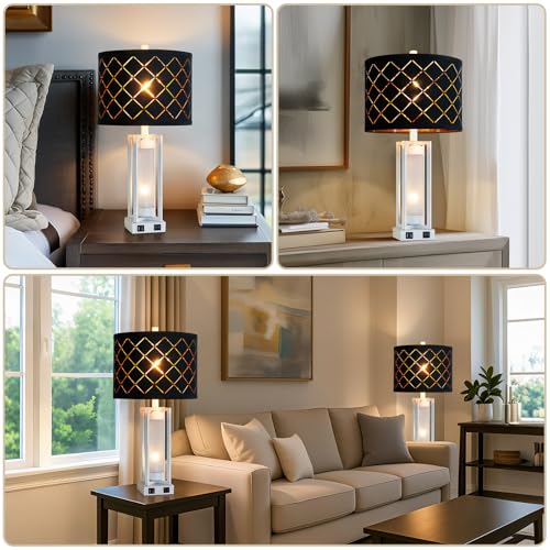 25" Set of 2 Farmhouse Table Lamps with USB C+A Ports | Rustic Retro Nightstand Lamps with White Night Light, Black Grid Shade, Desk Lamps for Bedroom Bedside, 4 Bulbs Included - color: White