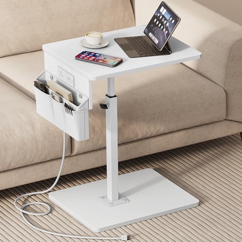 Sofa Armrest Tray Table for Couch - 360° Swivel Height Adjustable Side Table for Small Spaces, Snack Side Table for Bed or Chair, C Shaped End Table Snack Table for Eating Dinner Laptop - color: White, style: With Plug+Storage Bag