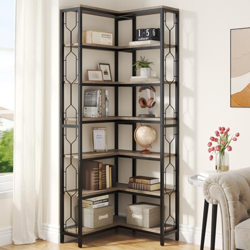 Tribesigns Corner Shelf, 7-Tier Industrial Corner Bookshelf and Bookcase | Freestanding Display Shelf for Living Room, Wood and Metal Corner Book Shelves, Corner Bookcase for Home Office, Gray - color: Grey