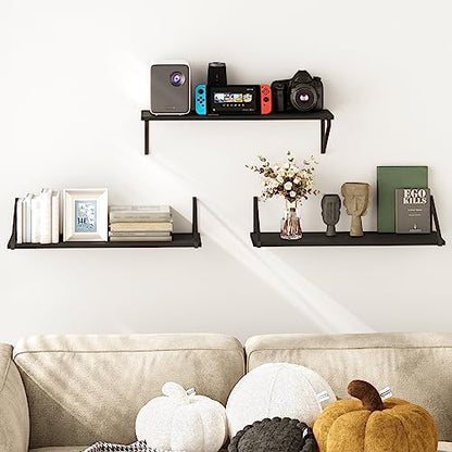 BAMEOS 24X8 Floating Shelves Rustic Wood Wall Shelf Set of 3,Bookshelf for Living Room, Office, and Bedroom, with Metal Bracket… - style: 3 pack Black 24"W 8"D