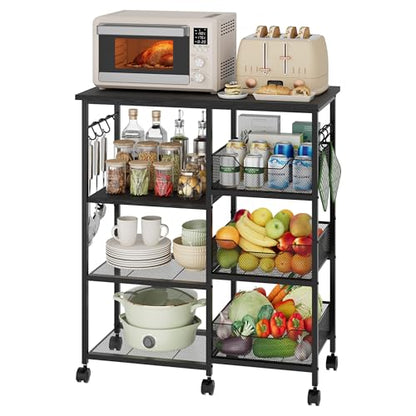 HapiRm Rolling Kitchen Carts with Storage - Microwave Table Stand with 6 Hooks & 3 Baskets, kitchen Island Cart on Lockable Wheels, 28.3" L × 14.6" W Bakers Rack Cart for Dining Room Coffee Bar Office - color: Black