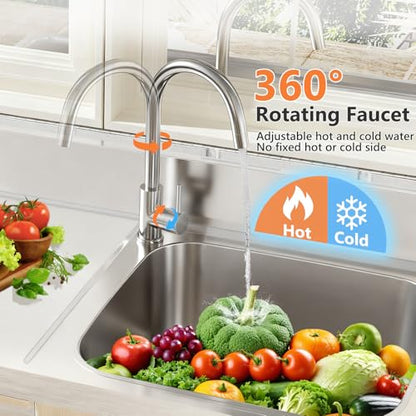 304 Stainless Steel Outdoor Utility Sink with Workbench & Storage Shelf, Freestanding Prep Table with Left Drawer, 39" Garden Patio Sink Station with 360° Hot & Cold Water Faucet - size: 39.3" x20.3" x 35.1"