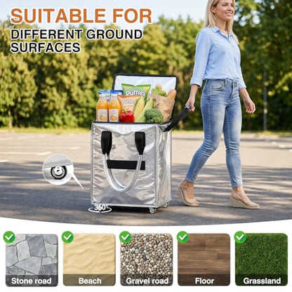 Large Reusable Grocery Bag on Wheels, Foldable Rolling Tote Bag with Handle and Zipper for Market Laundry Travel - color: Silver