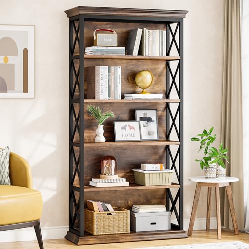 Tribesigns 6-Tier Bookcase, 71 Inches Industrial Bookshelves and Bookcase | Freestanding 5 Shelf Storage Shelves, Wood and Metal, Tall Bookcase for Home Office, Living Room, Bed Room, Brown and Black - color: Brown and Black, size: 1