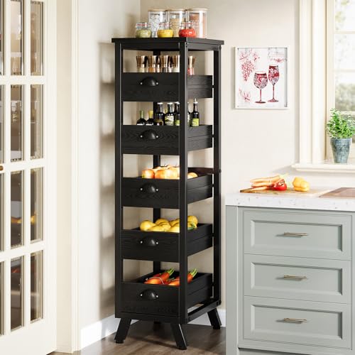 Tribesigns Black Wood Fruit and Vegetable Storage Rack, 5-Tier Narrow Snack Stand Kitchen Stand Fruit Basket, Pull-Out Utility Organizer for Kitchen, Living Room - color: Black