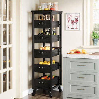 Tribesigns Black Wood Fruit and Vegetable Storage Rack, 5-Tier Narrow Snack Stand Kitchen Stand Fruit Basket, Pull-Out Utility Organizer for Kitchen, Living Room - color: Black