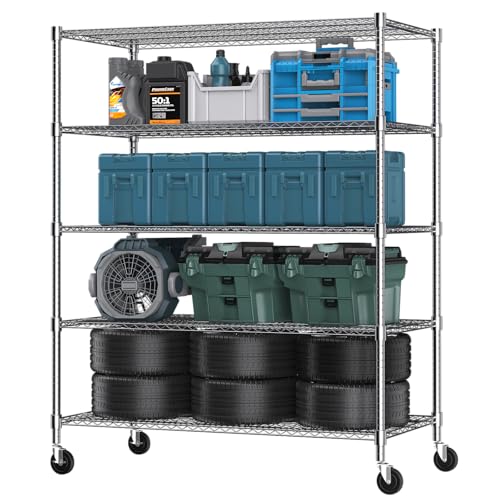 Himimi 5 Tier Wire Shelving with Wheels Heavy Duty Height Adjustable Metal Shelves for Storage, Commercial Grade Steel Utility Wire Rack for Kitchen Garage Pantry Organization-24×48×82, Silver - color: Silver, size: 24"D×48"W×82"H, 5-Tier
