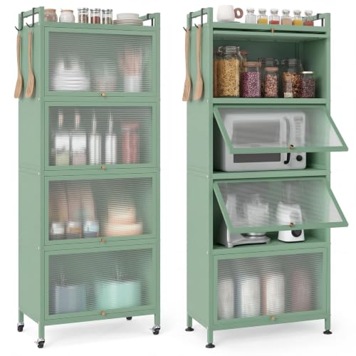 GIANTEX 5-Tier Kitchen Storage Cabinet, 4 PC Doors, Rolling Wheels, Green | Mobile Metal Pantry Cabinet with 4 Hooks & Adjustable Feet, 60" Baker's Rack Microwave Stand for Dining & Living Room - color: Green, size: 23.5"Lx12.5"Wx60"H