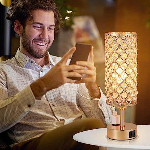 Hong-in Gold Lamps Set of 2, Dimmable Gold Lamps for Nightstand with USB-C+A & AC Charging Ports, 3-Way USB Crystal Lamp, Bedside Desk Light for Bedroom Living Room Home Office(Bulb Included) - color: Gold