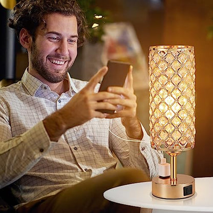 Hong-in Gold Lamps Set of 2, Dimmable Gold Lamps for Nightstand with USB-C+A & AC Charging Ports, 3-Way USB Crystal Lamp, Bedside Desk Light for Bedroom Living Room Home Office(Bulb Included) - color: Gold
