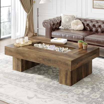 LVB Coffee Table, Modern Wood Led Living Room Table with Storage, Farmhouse Large Rectangle Center Table with LED Light, Unique Wide Low Tea Table for Living Room Home Office, 47.24 in, Rustic Oak - color: Rustic Oak