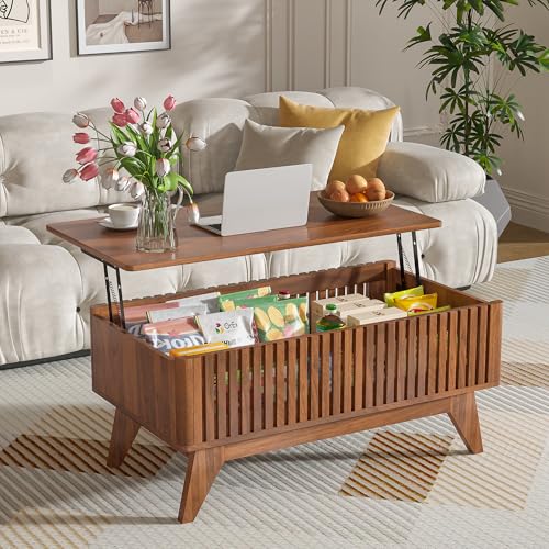Lift Top Coffee Table with Hidden Compartment, Mid Century Modern Coffee Table for Living Room, Fluted Design Farmhouse Center Table with Storage (Walnut, 35.4" W) - color: Walnut