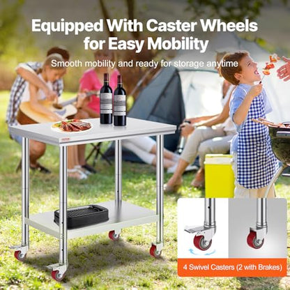 Vevor Mophorn Stainless Steel Work Table 36x24 Inch with 4 Wheels, Casters Heavy Duty Food Prep Worktable for Commercial Kitchen Restaurant, Silver | with 4 Wheels, for Commercial Kitchen Restaurant, Silver - size: 24 x 36 x 32 Inch, style: With Caster
