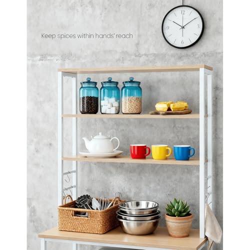 39.4 inches Bakers Rack with Storage, Small Coffee Bar Cart 6 Tiers, Microwave Stand Station with 6 Hooks, Adjustable Shelf, Freestanding Kitchen Appliance Organizer, Golden Oak