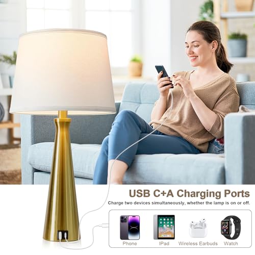 Seealle Modern Table Lamps Set of 2 - Touch Bedside Lamps for Nightstand with Dual USB C+A,3-Way Dimmable Gold Nightstand Lamps for Living Room Bedroom (Bulb Included) - color: G. Gold-White