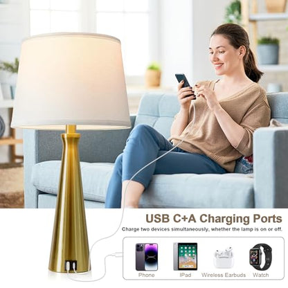 Seealle Modern Table Lamps Set of 2 - Touch Bedside Lamps for Nightstand with Dual USB C+A,3-Way Dimmable Gold Nightstand Lamps for Living Room Bedroom (Bulb Included) - color: G. Gold-White