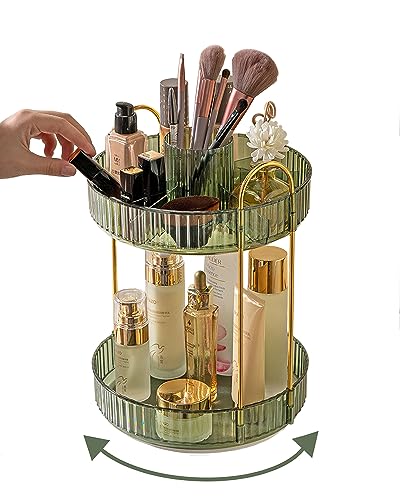 Asayuee 360 Rotating Makeup Organizer,2 Tier Large Capacity Make Up Organizers and Storage,Skincare Perfume Vanity Organizers,Bathroom Cosmetics Storage Organizer Countertop (Green) - color: Green, size: New-2 Tier