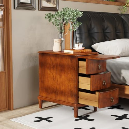 Solid Wood End Table with 3 Drawers and Slide-Out Coffee Tray | Cherry Red American Beside Table, Sofa Chair Side Table Nightstand for Living Room Bedroom, Rustic Wood Grain Accent Table - size: 22.6" Wood End Table