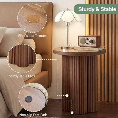 Small Sofa Side Table Set of 2, Fluted Accent Pedestal End Table, Wood Round Night Stand, Farmhouse Bed Side Table Drink Tables for Living Room, Small Spaces (Walnut-2PCS) - color: Walnut-2pcs