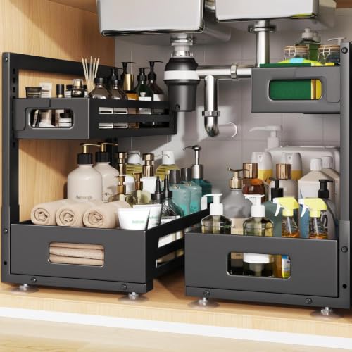 2 Pack 17IN-Depth Under Sink Organizer,Pull Out Cabinet Organizer With Smooth Cylindrical Rail,Metal Slide Out Drawer for Kitchen Bathroom Laundry,8-Level Tool Free Height Adjustable-Black - color: Black, size: 2 Pack-17"Dx9.5"-16.7"H