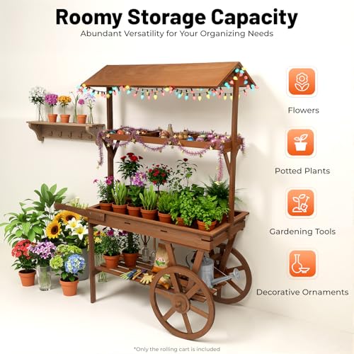Flower Cart Display Stand with 2 Wheels, Wooden 3 Layers Rolling Table Cart, Heavy Duty Moving Display Rack for Home Decor, Coffee Station, Food Stand, Beverage Bar, Tea Stall (Brown)