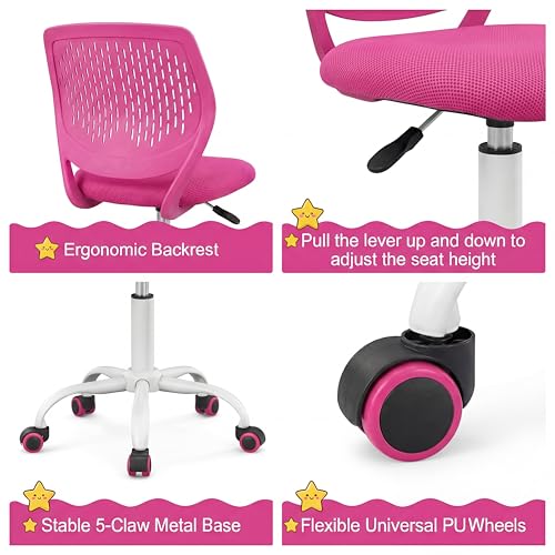 Costzon Kids Desk Chair, Armless Height Adjustable Kids Computer Chair w/Elastic Sponge Filling, Ergonomic Backrest & Stable 5-Point Wheels, Children Rolling Swivel Chair for Studyroom (Rose) - color: Rose