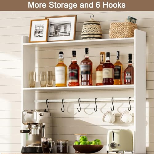ChooChoo Farmhouse Bakers Rack with Power Outlets and Storage, Coffee Bar Cabinet with Storage, Microwave Stand Kitchen Cabinet with Hutch and 6 Hooks, Soft White & Brown - color: Soft White & Brown