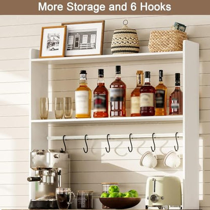 ChooChoo Farmhouse Bakers Rack with Power Outlets and Storage, Coffee Bar Cabinet with Storage, Microwave Stand Kitchen Cabinet with Hutch and 6 Hooks, Soft White & Brown - color: Soft White & Brown