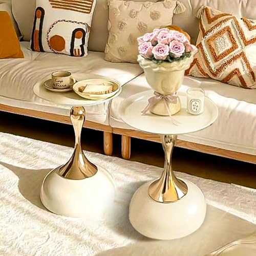 2-Pack Modern Round Side Table - White Tabletop & Gold Pedestal Base, Stylish Accent End Table for Living Room, Bedroom & Office (White Set) - color: Cream White+cream White