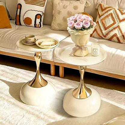 2-Pack Modern Round Side Table - White Tabletop & Gold Pedestal Base, Stylish Accent End Table for Living Room, Bedroom & Office (White Set) - color: Cream White+cream White