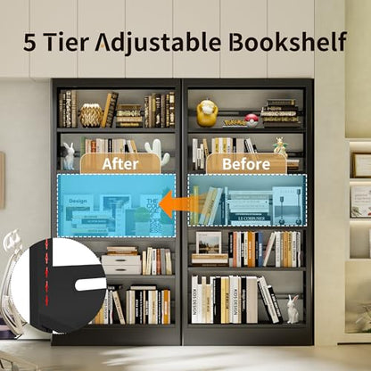 70.9" H Metal Bookshelf, Adjustable Bookcase, 5-Tier Heavy Duty Bookshelf with Bookend, Tall Bookshelves, Bookcase Shelf for Living Room, Office, Library,Classroom (Black-108.30W) - color: Black, size: 108.3" Wide