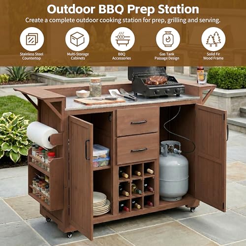 Modern 60.2''W Outdoor Kitchen Island with Wheels, Rolling Patio BBQ Kitchen Cart with Stainless Steel Top, Wood Grill Cart with Spice Rack&Wine Rack,2 Drawers, Brown - style: Brown