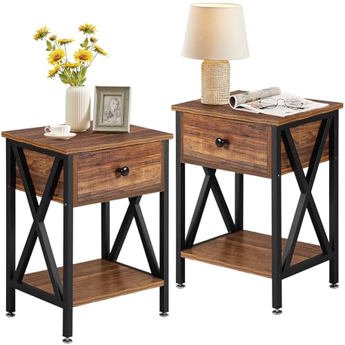 VECELO Nightstands Set of 2, Modern Bedside End Tables, Night Stands with Drawer and Storage Shelf for Living Room Bedroom, Industrial Metal Frame - color: Vintage Brown, size: Set of 2 - 15.8"W x 11.8"D x 21.7"H