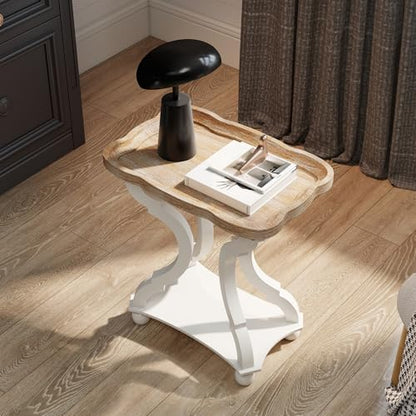 Accent Wood Farmhouse End Table Side Tables Nightstand Natural Tray Top and Distressed Carved Legs for Bedroom Living Room, White - size: 1-pc, style: Rectangle
