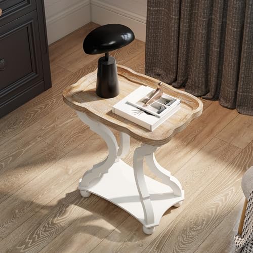Accent Wood Farmhouse End Table Side Tables Nightstand Natural Tray Top and Distressed Carved Legs for Bedroom Living Room, White (2 PCS) - size: 2-pcs, style: Rectangle