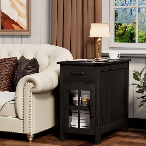 Farmhouse End Table with Charging Station, Narrow Side Table for Living Room, Sofa Side Table with Drawer and Storage Cabinet, Small Nightstand for Bedroom, Home Office - color: Black
