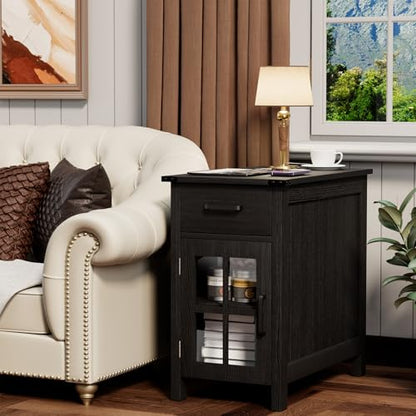 Farmhouse End Table with Charging Station, Narrow Side Table for Living Room, Sofa Side Table with Drawer and Storage Cabinet, Small Nightstand for Bedroom, Home Office - color: Black