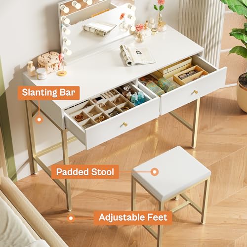 SUPERJARE 35.4" White and Gold Desk with 2 Drawers, Modern Makeup Vanity | Vanity with Padded Stool, Small Computer Desk Home Office Desk for Writing Study Bedroom - color: Gold and White, size: 35.4 inch