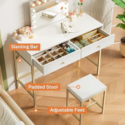 SUPERJARE 35.4" White and Gold Desk with 2 Drawers, Modern Makeup Vanity | Vanity with Padded Stool, Small Computer Desk Home Office Desk for Writing Study Bedroom - color: Gold and White, size: 35.4 inch