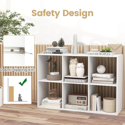 6 Cube Book Shelf, Modern Storage Bookcase with 6 Open Compartments, Open Back and Bottom Back Panels, Heavy Duty Storage Bookshelf for Living Room, Study, Office and Hallway, White