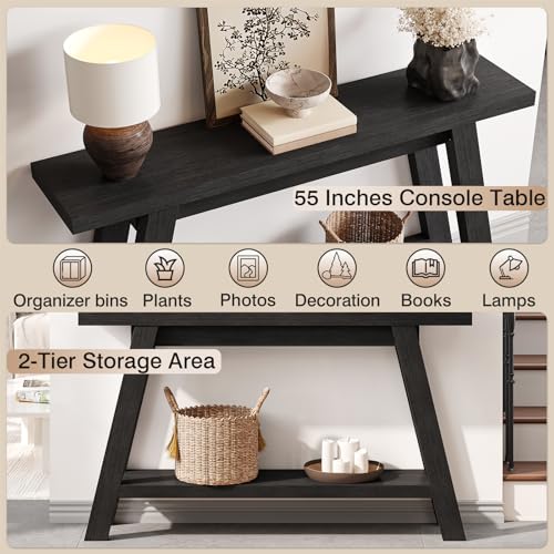 Black Console Table, 55Inch Entryway Console Tables 2-Tier Narrow Wood Console Table Behind Couch Sofa Tables for Living Room, Entryway, Hallway (Black) - color: Black