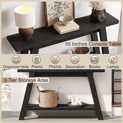 Black Console Table, 55Inch Entryway Console Tables 2-Tier Narrow Wood Console Table Behind Couch Sofa Tables for Living Room, Entryway, Hallway (Black) - color: Black