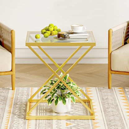 Square End Table with Tempered Glass Top, Stylish X-Shaped Metal Frame, Living Room Coffee Table, Sofa Side Table, Accent Tables for Small Spaces, Modern Bedside Table for Bedroom (Gold) - color: Gold, style: Style 3