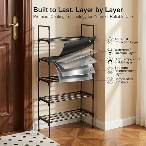 PureBox Shoe Rack, 5-Tier Shoe Storage Organizer – Holds 9-12 Pairs of Shoes, Tool-Free Assembly, Steel Frame, Space-Saving for Entryway, Closet，Living Room, Balcony, Black (17.1" x 10.2" x 36.8")